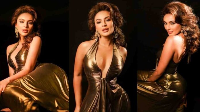 Seerat Kapoor, Golden Dress, Fashion Steal, Halter Neckline, House of Pink, Celeb Style, Party Wear, Deep Plunging Neck, Affordable Fashion