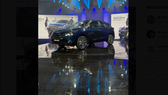 Maruti Suzuki Baleno facelift front three-quarter view showing redesigned chrome grille and alloy wheels