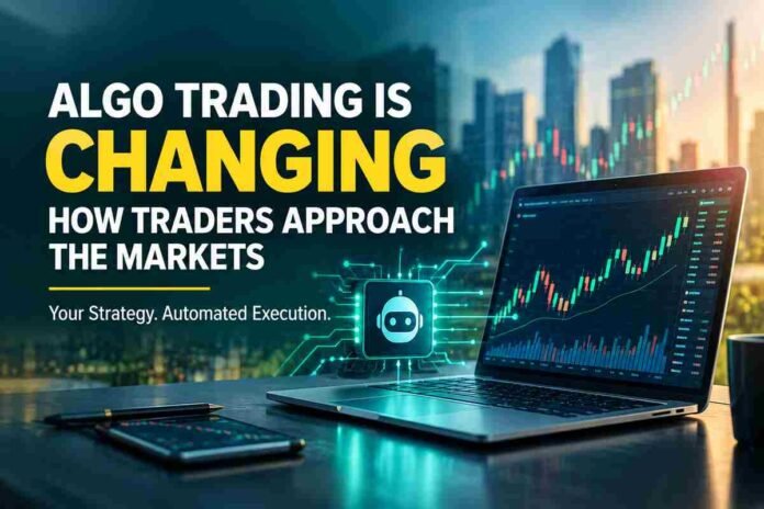 Infographic illustrating trader-controlled algo trading where a trader manages strategy while software handles automated market execution.
