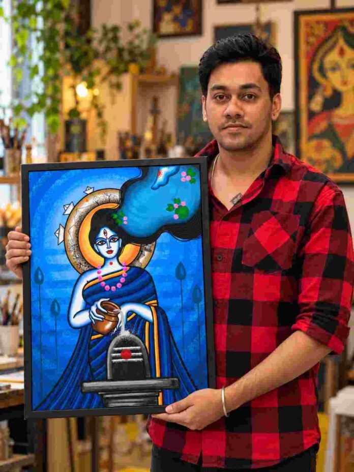 Artist Kaanha's Krishnangik art style blending Japanese anime, Jamini Roy-inspired forms and traditional Indian Patachitra.